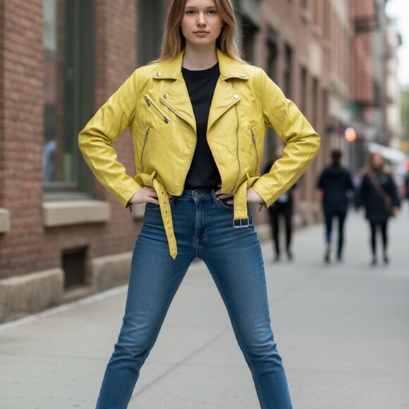 AVEC LES FILLES STUNNING SEXY SOFT YELLOW PLEATHER MOTO MOTORCYCLE JACKET XS S - Picture 2 of 4